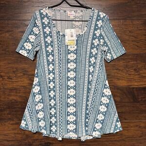 LulaRoe NWT Women's Short Sleeve Top - Blue Geometric, Round Neck - Size XXS